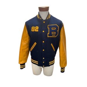 Vintage 1980s Brookhaven Bearcats Varsity Jacket Black Yellow Leather Sleeves